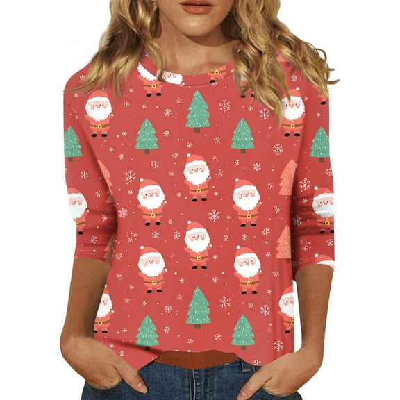 HaHaHappy Christmas Shirt Women Plus Size Dressy 3/4 Sleeve Tunic Tops Xmas Santa Print Cute T-Shirts Crew Neck Funny Three Quarter Length Pullover Vintage Blouses Pink M