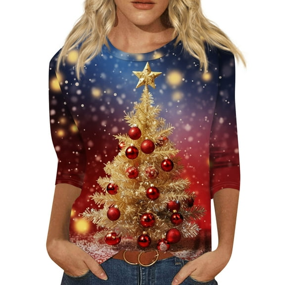 HaHaHappy Christmas Shirt Women Plus Size Ugly 3/4 Sleeve Tunic Tops Christmas Tree Print Vintage T-Shirts Crew Neck Cute Three Quarter Length Pullover Dressy Blouses Vermilion S