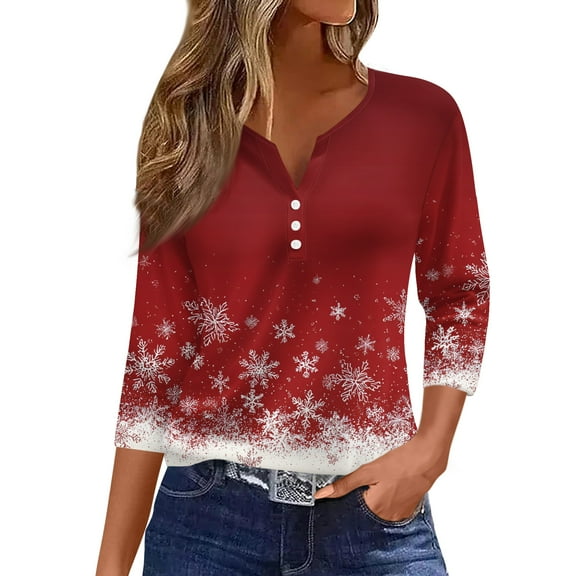 HaHaHappy Christmas Shirt Women Plus Size Vintage 3/4 Sleeve Tunic Tops Christmas Snowflake Print Ugly T-Shirts V Neck Dressy Three Quarter Length Blouses Party Pullover Red 2XL