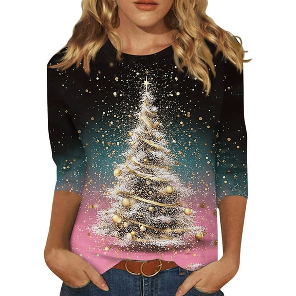 HaHaHappy Christmas Shirts for Women Plus Size Casual 3/4 Sleeve T-Shirts Christmas Tree Print Dressy Tunic Tops Crew Neck Funny Three Quarter Length Pullover Party Blouses Light pink M