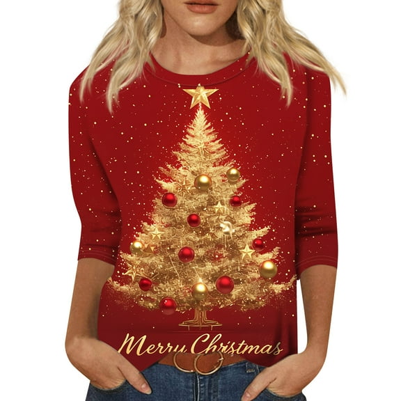 HaHaHappy Christmas Shirts for Women Plus Size Casual 3/4 Sleeve T-Shirts Xmas Tree Print Ugly Tunic Tops Crew Neck Dressy Three Quarter Length Blouses Funny Pullover Red S