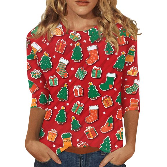 HaHaHappy Christmas Shirts for Women Plus Size Casual 3/4 Sleeve Tunic Tops Xmas Print Party T-Shirts Crew Neck Funny Three Quarter Length Pullover Dressy Blouses Watermelon Red XL