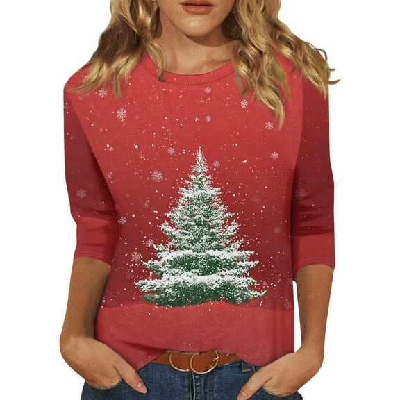 HaHaHappy Christmas Shirts for Women Plus Size Cute 3/4 Sleeve T-Shirts Christmas Tree Print Ugly Tunic Tops Crew Neck Funny Three Quarter Length Pullover Casual Blouses Red 2XL