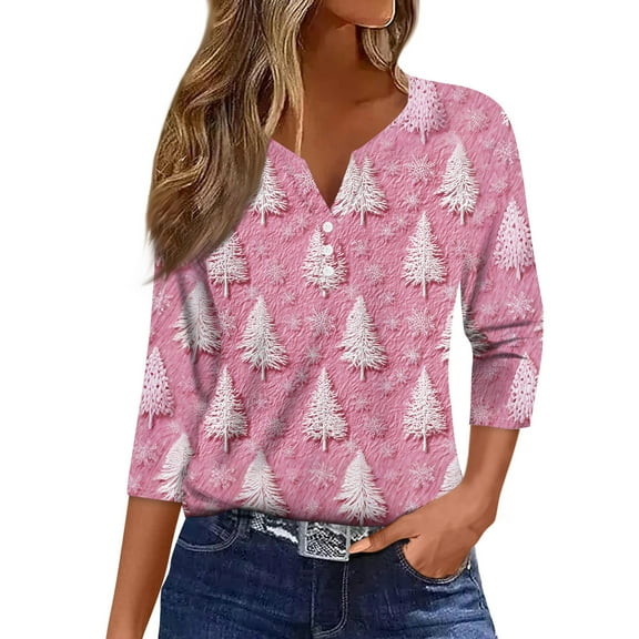 HaHaHappy Christmas Shirts for Women Plus Size Cute 3/4 Sleeve T-Shirts Christmas Tree Print Ugly Tunic Tops V Neck Casual Three Quarter Length Blouses Party Pullover Pink 2XL