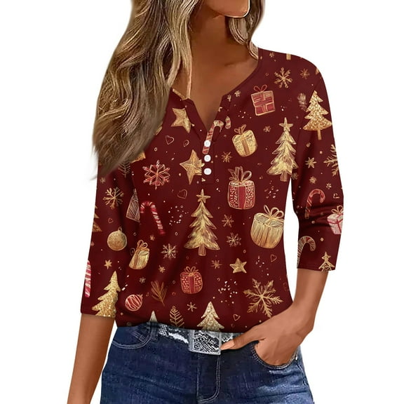 HaHaHappy Christmas Shirts for Women Plus Size Cute 3/4 Sleeve T-Shirts Xmas Print Casual Tunic Tops V Neck Party Three Quarter Length Blouses Ugly Pullover Gold 3XL