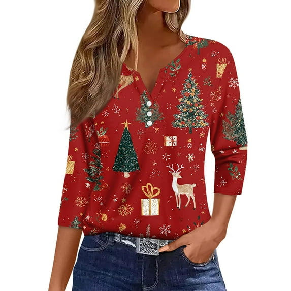 HaHaHappy Christmas Shirts for Women Plus Size Dressy 3/4 Sleeve T-Shirts Xmas Print Funny Tunic Tops V Neck Vintage Three Quarter Length Blouses Party Pullover Red M