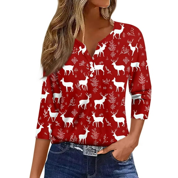 HaHaHappy Christmas Shirts for Women Plus Size Dressy 3/4 Sleeve Tunic Tops Xmas Print Casual T-Shirts V Neck Funny Three Quarter Length Pullover Cute Blouses Red 2XL