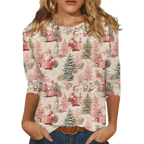 HaHaHappy Christmas Shirts for Women Plus Size Funny 3/4 Sleeve T-Shirts Xmas Tree Print Cute Tunic Tops Crew Neck Dressy Three Quarter Length Blouses Ugly Pullover Light pink 3XL