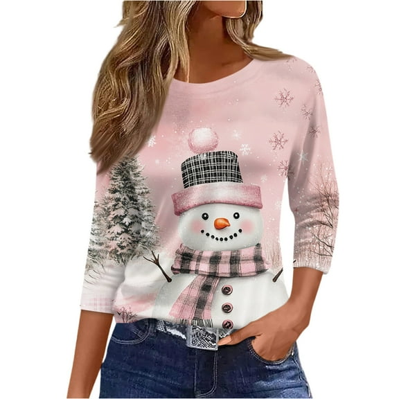 HaHaHappy Christmas Shirts for Women Plus Size Ugly 3/4 Sleeve T-Shirts Xmas Snowman Print Dressy Tunic Tops Crew Neck Vintage Three Quarter Length Blouses Funny Pullover Hot Pink L