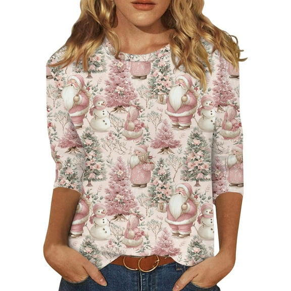 HaHaHappy Christmas Shirts for Women Plus Size Vintage 3/4 Sleeve T-Shirts Christmas Print Dressy Tunic Tops Crew Neck Casual Three Quarter Length Pullover Party Blouses Purple Pink M
