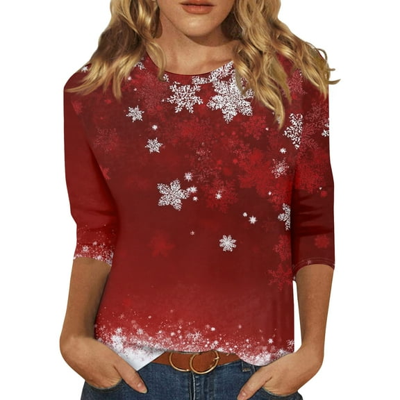 HaHaHappy Christmas Shirts for Women Plus Size Vintage 3/4 Sleeve T-Shirts Xmas Snowflake Print Dressy Tunic Tops Crew Neck Funny Three Quarter Length Pullover Cute Blouses Deep Red 2XL