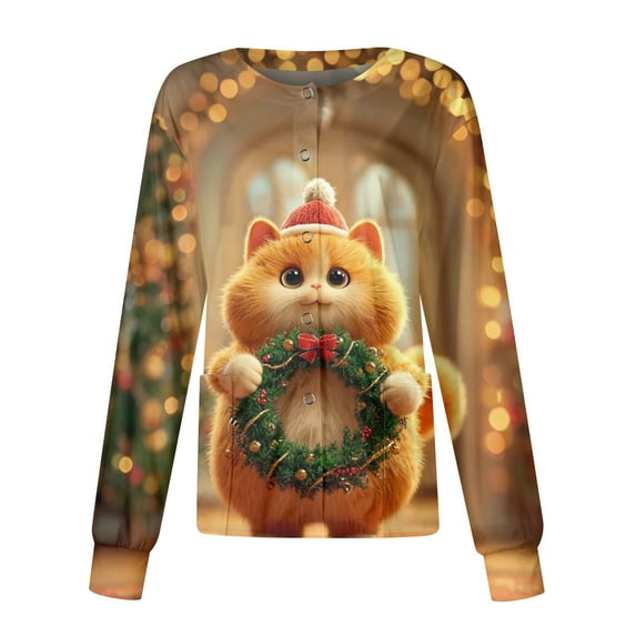 HaHaHappy Christmas Women's Scrub Jackets Plus Size Long Sleeve Ugly Christmas Print Scrubs Cute Snap Front Funny Scrub Tops Nursing Workwear Medical Uniform with Pocket Gold M