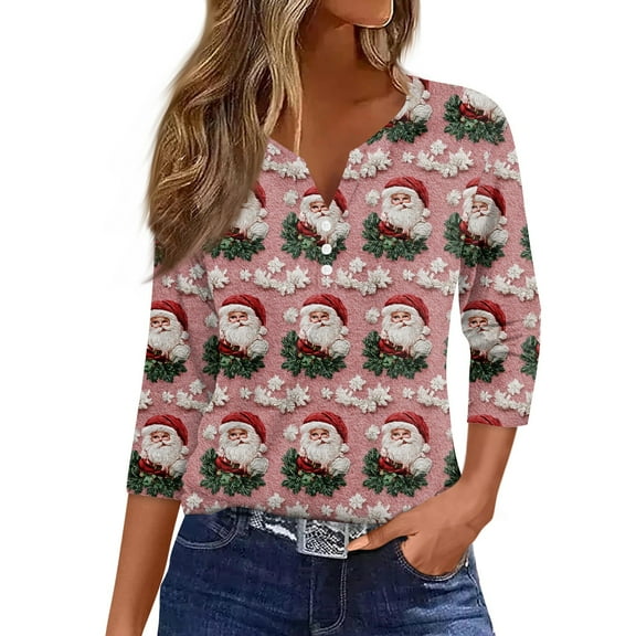 HaHaHappy Christmas Women's Shirts Plus Size Casual 3/4 Sleeve T-Shirts Christmas Santa Print Dressy Tunic Tops V Neck Party Three Quarter Length Blouses Funny Pullover Pink 3XL