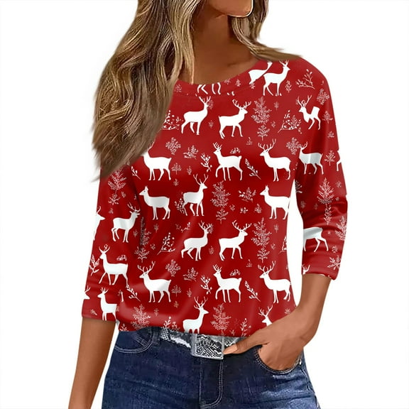 HaHaHappy Christmas Women's Shirts Plus Size Casual 3/4 Sleeve Tunic Tops Xmas Deer Print Cute T-Shirts Crew Neck Ugly Three Quarter Length Blouses Funny Pullover Vermilion XL