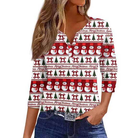 HaHaHappy Christmas Women's Shirts Plus Size Dressy 3/4 Sleeve T-Shirts Xmas Print Cute Tunic Tops V Neck Ugly Three Quarter Length Pullover Vintage Blouses Hot Pink 2XL