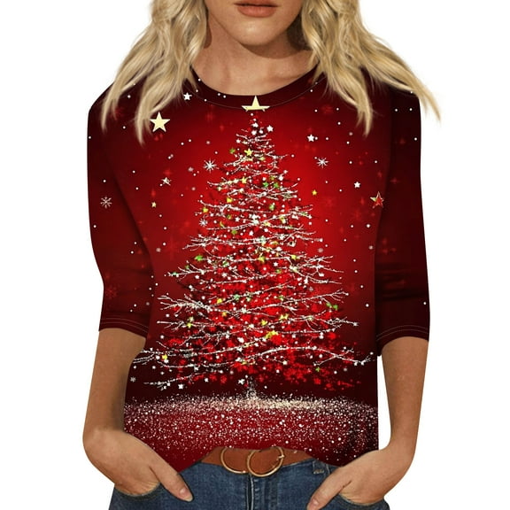HaHaHappy Christmas Women's Shirts Plus Size Funny 3/4 Sleeve T-Shirts Xmas Tree Print Dressy Tunic Tops Crew Neck Vintage Three Quarter Length Blouses Ugly Pullover Red S