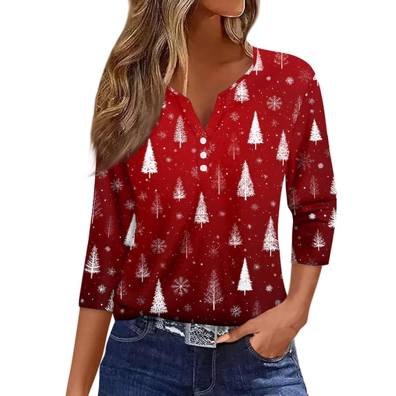 HaHaHappy Christmas Women's Shirts Plus Size Ugly 3/4 Sleeve T-Shirts Christmas Print Dressy Tunic Tops V Neck Vintage Three Quarter Length Blouses Casual Pullover Wine 2XL