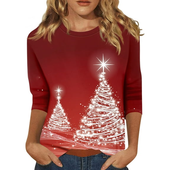 HaHaHappy Christmas Women's Shirts Plus Size Ugly 3/4 Sleeve Tunic Tops Xmas Tree Print Dressy T-Shirts Crew Neck Party Three Quarter Length Pullover Vintage Blouses White M