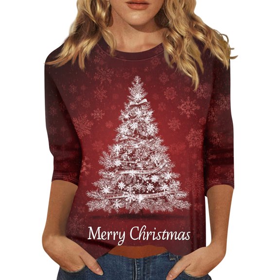 HaHaHappy Christmas Women's Shirts Plus Size Ugly 3/4 Sleeve Tunic Tops Xmas Tree Print Funny T-Shirts Crew Neck Dressy Three Quarter Length Blouses Cute Pullover Watermelon Red S