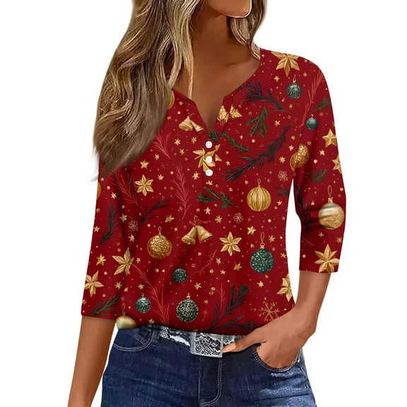 HaHaHappy Christmas Women's Shirts Plus Size Vintage 3/4 Sleeve T-Shirts Christmas Print Cute Tunic Tops V Neck Party Three Quarter Length Pullover Funny Blouses Gold 3XL