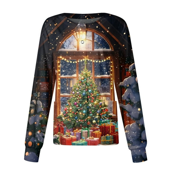 HaHaHappy Christmas Womens Scrub Jacket Plus Size Long Sleeve Cute Christmas Tree Print Scrubs Casual Snap Front Funny Scrub Tops Medical Workwear Nursing Uniform with Pocket Dark Blue 2XL