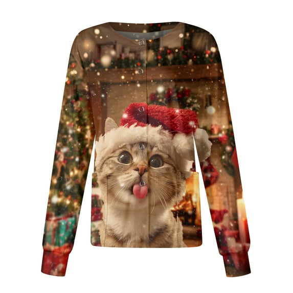 HaHaHappy Christmas Womens Scrub Jackets Plus Size Snap Front Cute Christmas Print Scrubs Funny Long Sleeve Dressy Scrub Tops Medical Uniform Nursing Workwear with Pocket Deep Red M