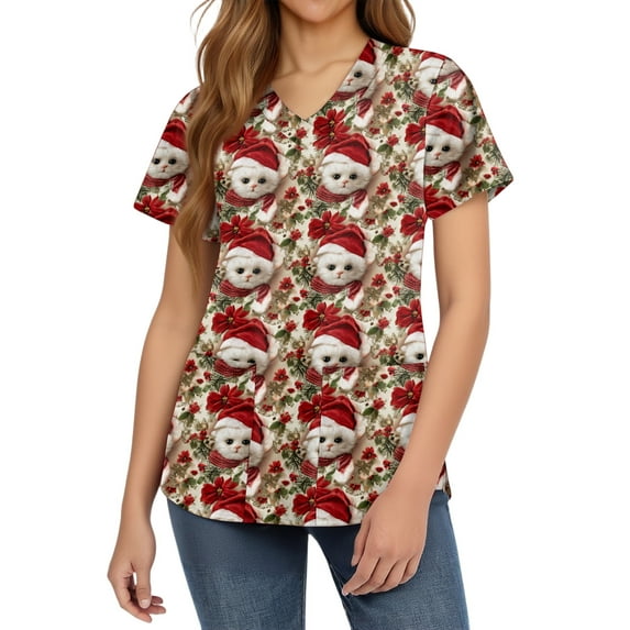 HaHaHappy Christmas Womens Scrub Plus Size Short Sleeve Casual Christmas Santa Print Scrub Tops Ugly V Neck Cute Scrub Shirts Nursing Uniform Medical Nurse Workwear with Pocket Red M