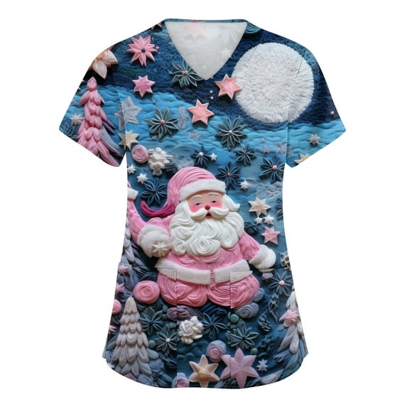 HaHaHappy Christmas Womens Scrub Plus Size Short Sleeve Cute Christmas Santa Print Scrub Tops Ugly V Neck Casual Scrub Shirts Nurse Workwear Nursing Medical Uniform with Pocket Dark Blue 4XL