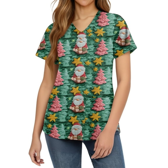 HaHaHappy Christmas Womens Scrub Plus Size Short Sleeve Ugly Christmas Santa Print Scrub Shirts Cute V Neck Casual Scrub Tops Nursing Uniform Medical Nurse Workwear with Pocket Green L