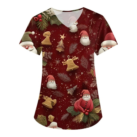 HaHaHappy Christmas Womens Scrub Plus Size V Neck Casual Christmas Print Scrub Tops Cute Short Sleeve Funny Scrub Shirts Nurse Uniform Medical Nursing Workwear with Pocket Hot Pink 3XL
