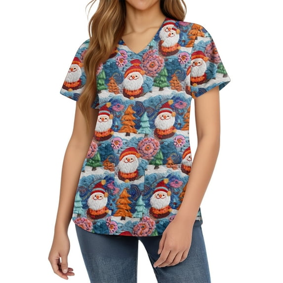HaHaHappy Christmas Womens Scrub Plus Size V Neck Casual Christmas Santa Print Scrub Tops Cute Short Sleeve Dressy Scrub Shirts Nursing Uniform Medical Nurse Workwear with Pocket Dark Blue L
