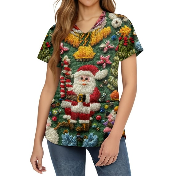 HaHaHappy Christmas Womens Scrub Plus Size V Neck Cute Christmas Santa Print Scrub Tops Dressy Short Sleeve Casual Scrub Shirts Nurse Workwear Nursing Medical Uniform with Pocket Dark Green M