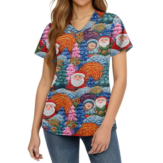 HaHaHappy Christmas Womens Scrub Plus Size V Neck Dressy Christmas Santa Print Scrub Shirts Funny Short Sleeve Cute Scrub Tops Nursing Uniform Medical Nurse Workwear with Pocket Blue XL