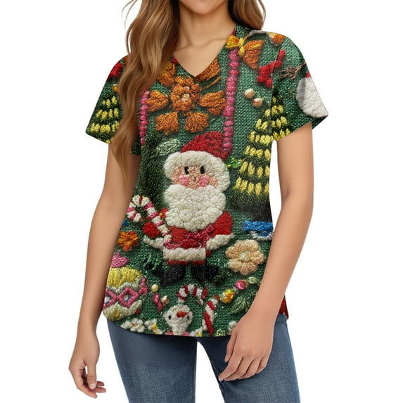 HaHaHappy Christmas Womens Scrub Plus Size V Neck Funny Christmas Santa Print Scrub Tops Ugly Short Sleeve Cute Scrub Shirts Medical Uniform Nurse Nursing Workwear with Pocket Dark Green 5XL
