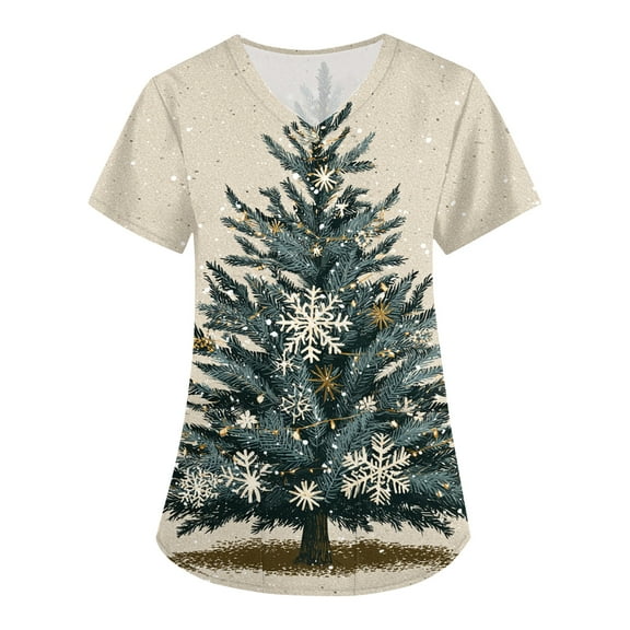 HaHaHappy Christmas Womens Scrub Plus Size V Neck Funny Christmas Tree Print Scrub Tops Casual Short Sleeve Cute Scrub Shirts Medical Workwear Nurse Nursing Uniform with Pocket Beige 5XL