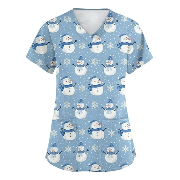 HaHaHappy Christmas Womens Scrub Plus Size V Neck Funny Snowman Print Scrub Shirts Dressy Short Sleeve Ugly Scrub Tops Medical Workwear Nurse Nursing Uniform with Pocket Sky Blue S