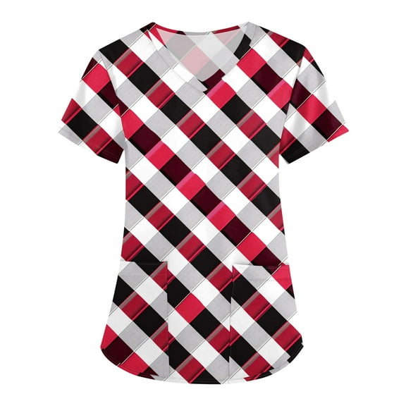 HaHaHappy Christmas Womens Scrub Plus Size V Neck Ugly Christmas Plaid Print Scrub Tops Cute Short Sleeve Casual Scrub Shirts Medical Uniform Nurse Nursing Workwear with Pocket Multicolor XL