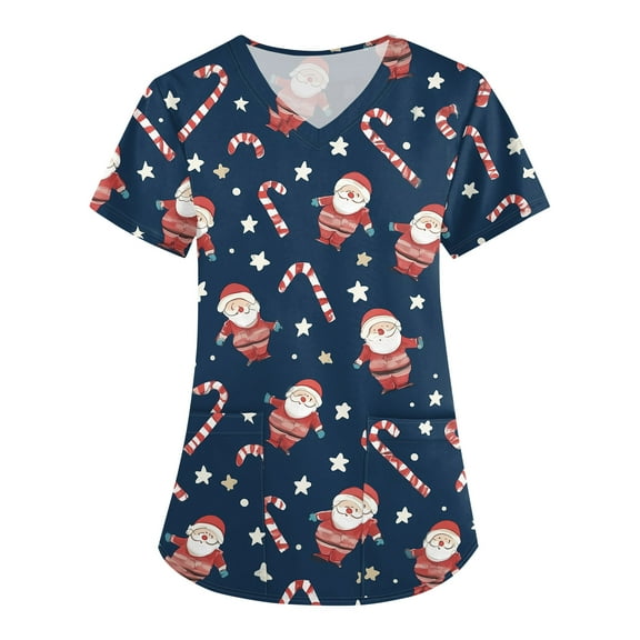 HaHaHappy Christmas Womens Scrub Plus Size V Neck Ugly Christmas Print Scrub Tops Dressy Short Sleeve Cute Scrub Shirts Nurse Workwear Medical Nursing Uniform with Pocket Blue L