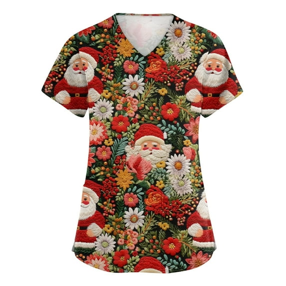 HaHaHappy Christmas Womens Scrub Plus Size V Neck Ugly Christmas Santa Print Scrub Shirts Funny Short Sleeve Dressy Scrub Tops Nursing Workwear Nurse Medical Uniform with Pocket Vermilion 4XL