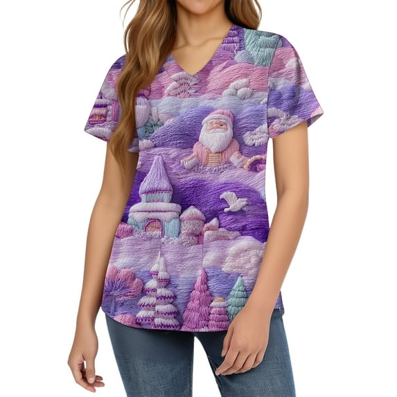HaHaHappy Christmas Womens Scrub Plus Size V Neck Ugly Christmas Santa Print Scrub Tops Funny Short Sleeve Casual Scrub Shirts Medical Uniform Nursing Nurse Workwear with Pocket Purple 2XL
