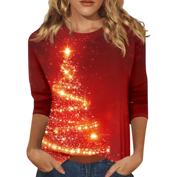 HaHaHappy Christmas Womens Shirts Plus Size Casual 3/4 Sleeve T-Shirts Xmas Tree Print Ugly Tunic Tops Crew Neck Dressy Three Quarter Length Pullover Party Blouses Orange 2XL