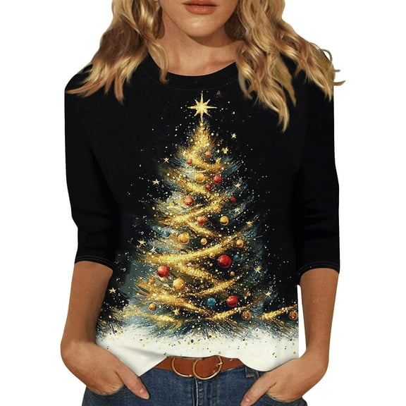 HaHaHappy Christmas Womens Shirts Plus Size Casual 3/4 Sleeve Tunic Tops Xmas Tree Print Party T-Shirts Crew Neck Dressy Three Quarter Length Blouses Cute Pullover Gold 2XL