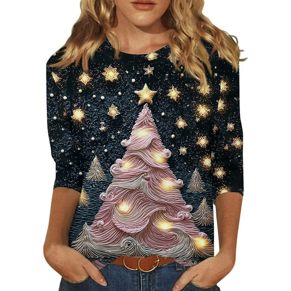 HaHaHappy Christmas Womens Shirts Plus Size Dressy 3/4 Sleeve Tunic Tops Christmas Tree Print Cute T-Shirts Crew Neck Party Three Quarter Length Pullover Casual Blouses Pink S