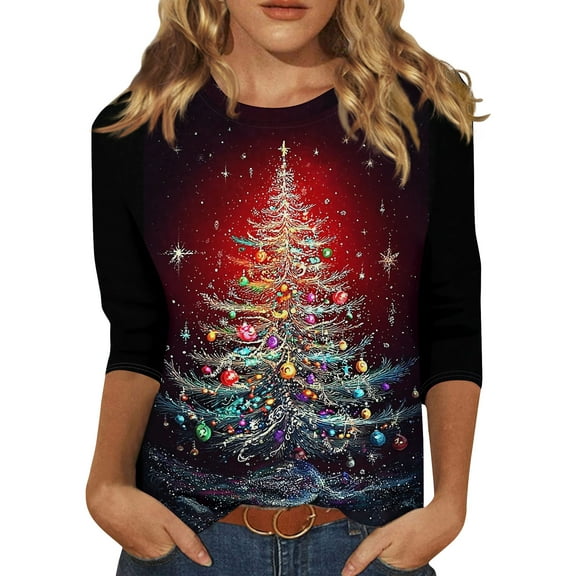 HaHaHappy Christmas Womens Shirts Plus Size Dressy 3/4 Sleeve Tunic Tops Christmas Tree Print Vintage T-Shirts Crew Neck Cute Three Quarter Length Blouses Funny Pullover Red 2XL