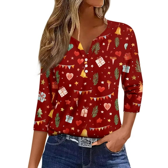 HaHaHappy Christmas Womens Shirts Plus Size Funny 3/4 Sleeve T-Shirts Xmas Print Vintage Tunic Tops V Neck Ugly Three Quarter Length Pullover Dressy Blouses Red 2XL