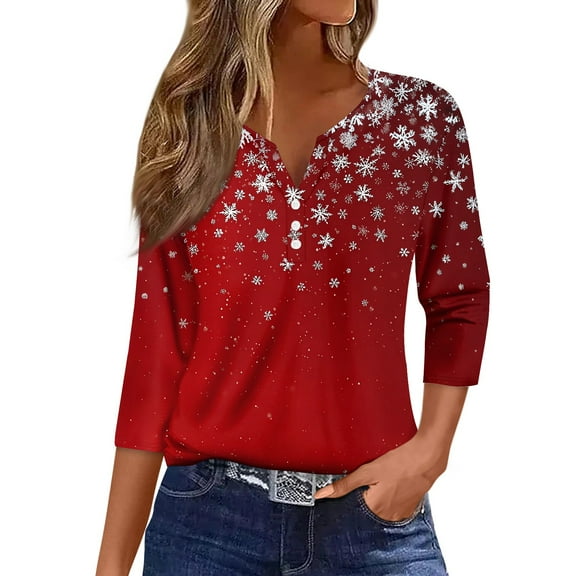 HaHaHappy Christmas Womens Shirts Plus Size Funny 3/4 Sleeve T-Shirts Xmas Snowflake Print Vintage Tunic Tops V Neck Ugly Three Quarter Length Blouses Dressy Pullover Wine S