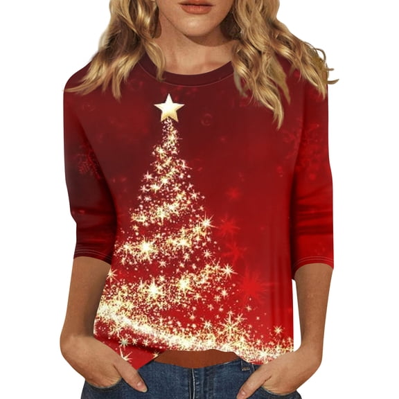 HaHaHappy Christmas Womens Shirts Plus Size Funny 3/4 Sleeve Tunic Tops Xmas Tree Print Party T-Shirts Crew Neck Cute Three Quarter Length Blouses Dressy Pullover Gold M