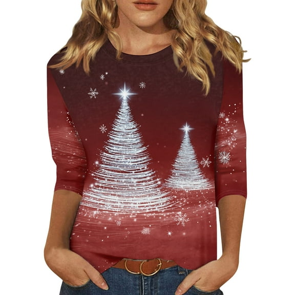HaHaHappy Christmas Womens Shirts Plus Size Ugly 3/4 Sleeve Tunic Tops Christmas Tree Print Casual T-Shirts Crew Neck Cute Three Quarter Length Blouses Party Pullover Hot Pink M