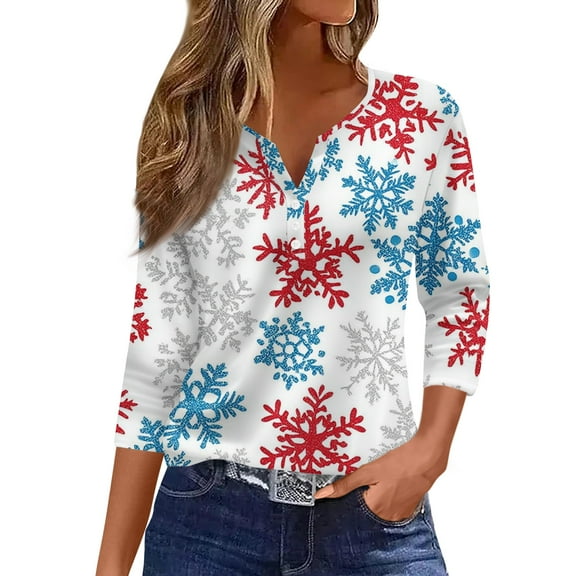 HaHaHappy Christmas Womens Shirts Plus Size Vintage 3/4 Sleeve T-Shirts Xmas Snowflake Print Casual Tunic Tops V Neck Ugly Three Quarter Length Pullover Cute Blouses White S