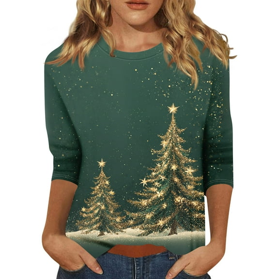 HaHaHappy Christmas Womens Shirts Plus Size Vintage 3/4 Sleeve T-Shirts Xmas Tree Print Funny Tunic Tops Crew Neck Casual Three Quarter Length Blouses Cute Pullover Green XL